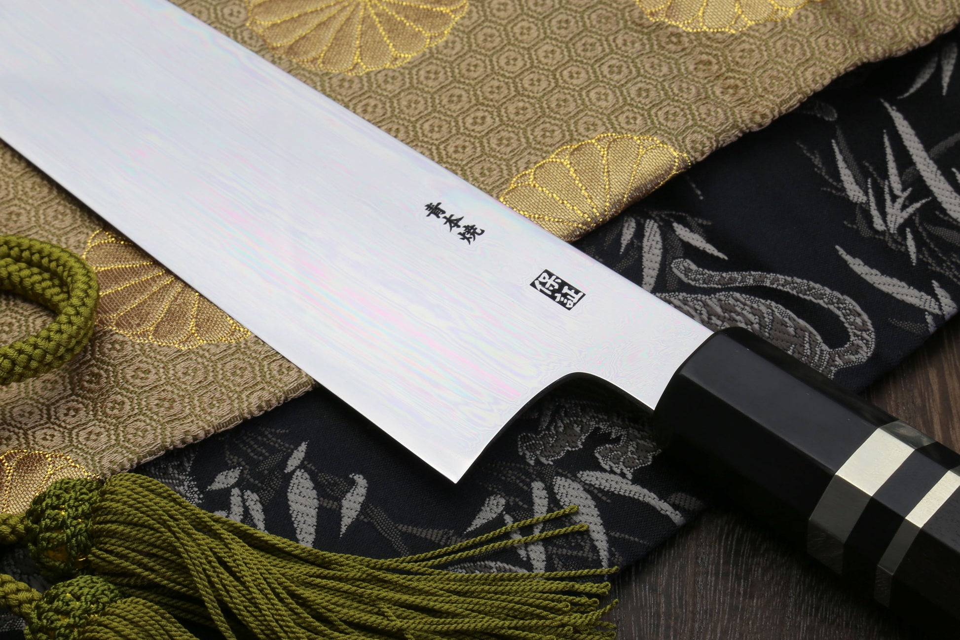 Yoshihiro Mizu Yaki Honyaki Blue Steel #2 Mirror Polished Wa Gyuto Japanese Chef Knife Triple Nickel Silver Ring Ebony Handle