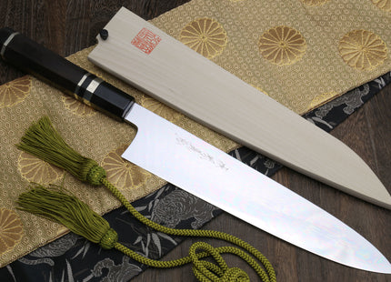 Yoshihiro Mizu Yaki Honyaki Blue Steel #2 Mirror Polished Wa Gyuto Japanese Chef Knife Triple Nickel Silver Ring Ebony Handle