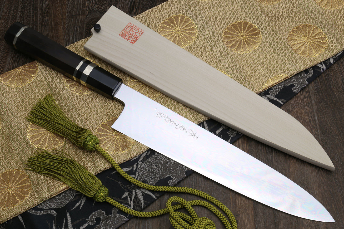 Yoshihiro Mizu Yaki Honyaki Blue Steel #2 Mirror Polished Wa Gyuto Japanese Chef Knife Triple Nickel Silver Ring Ebony Handle