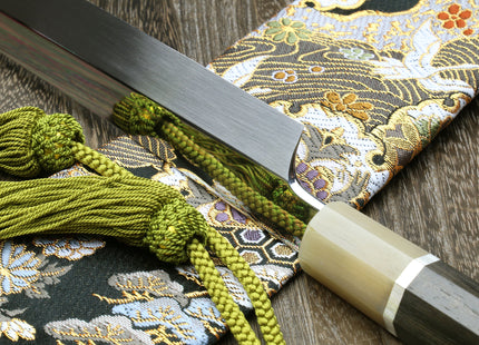 Yoshihiro Mizu Yaki Honyaki Mirror Finished Mt.Fuji with Crescent Moon Sakimaru Takobiki Premium Silver Ring Ebony Handle