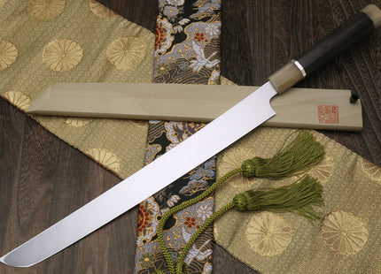 Yoshihiro Mizu Yaki Honyaki Mirror Finished Mt.Fuji with Crescent Moon Sakimaru Takobiki Premium Silver Ring Ebony Handle
