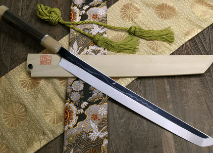Yoshihiro Mizu Yaki Honyaki Mirror Finished Mt.Fuji with Crescent Moon Sakimaru Takobiki Premium Silver Ring Ebony Handle