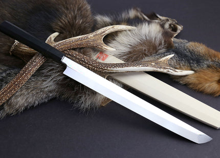 Yoshihiro Mizu Yaki Honyaki Mirror Finished Mt.Fuji with Full Moon Sakimaru Takobiki Premium Ebony Handle 360mm