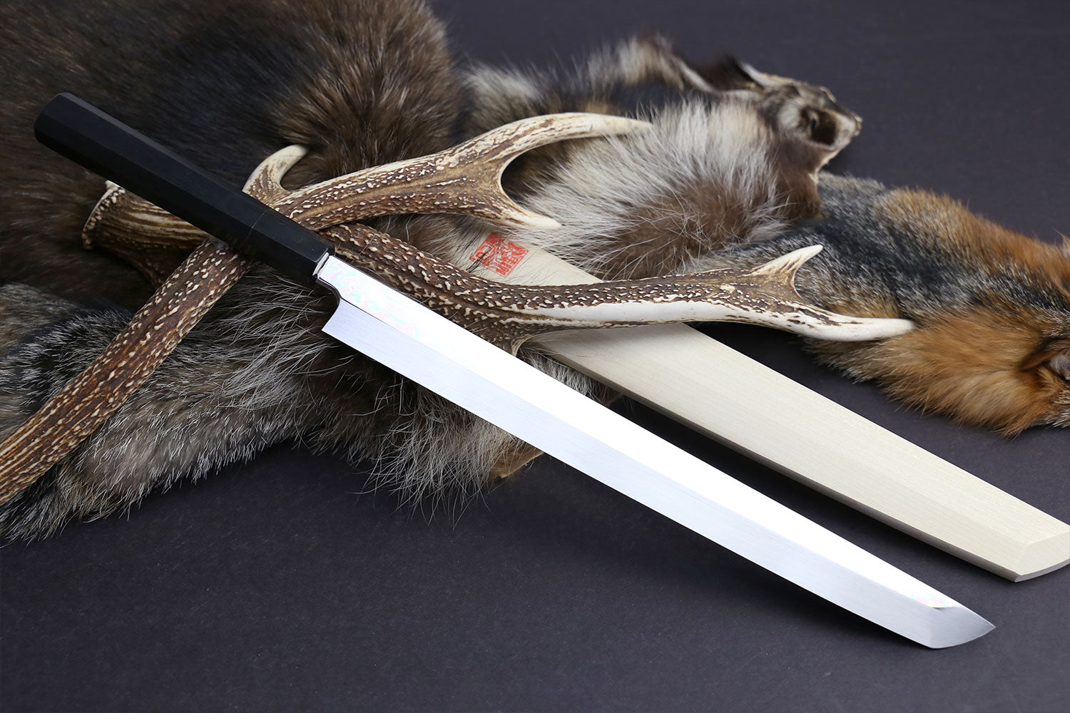 Yoshihiro Mizu Yaki Honyaki Mirror Finished Mt.Fuji with Full Moon Sakimaru Takobiki Premium Ebony Handle 360mm