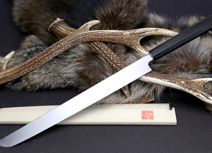 Yoshihiro Mizu Yaki Honyaki Mirror Finished Mt.Fuji with Full Moon Sakimaru Takobiki Premium Ebony Handle 360mm
