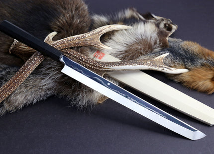 Yoshihiro Mizu Yaki Honyaki Mirror Finished Mt.Fuji with Full Moon Sakimaru Takobiki Premium Ebony Handle 360mm