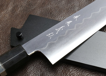 Yoshihiro Mizu Yaki Honyaki Shiroko White Steel #2 Mirror Polished Kiritsuke Japanese Multipurpose Knife with Triple Nickel Silver Ring Ebony Handle