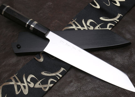 Yoshihiro Mizu Yaki Honyaki Shiroko White Steel #2 Mirror Polished Kiritsuke Japanese Multipurpose Knife with Triple Nickel Silver Ring Ebony Handle
