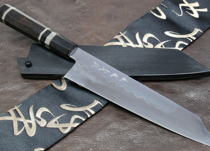 Yoshihiro Mizu Yaki Honyaki Shiroko White Steel #2 Mirror Polished Gyuto Japanese Chef Knife with Triple Nickel Silver Ring Ebony Handle