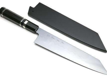 Yoshihiro Mizu Yaki Honyaki Shiroko White Steel #2 Mirror Polished Kiritsuke Japanese Multipurpose Knife with Triple Nickel Silver Ring Ebony Handle