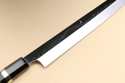 Yoshihiro Mizu Yaki Honyaki White Steel #2 Mirror-Finished Mt. Fuji with Crescent Moon Yanagi Premium Ebony Handle with Triple NickelSilver Ring