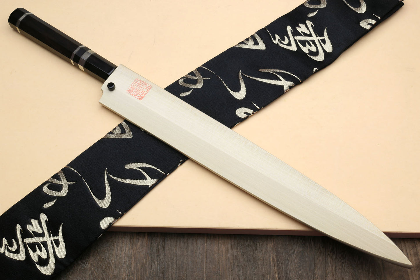 Yoshihiro Mizu Yaki Honyaki White Steel #2 Mirror-Finished Mt. Fuji with Crescent Moon Yanagi Premium Ebony Handle with Triple NickelSilver Ring