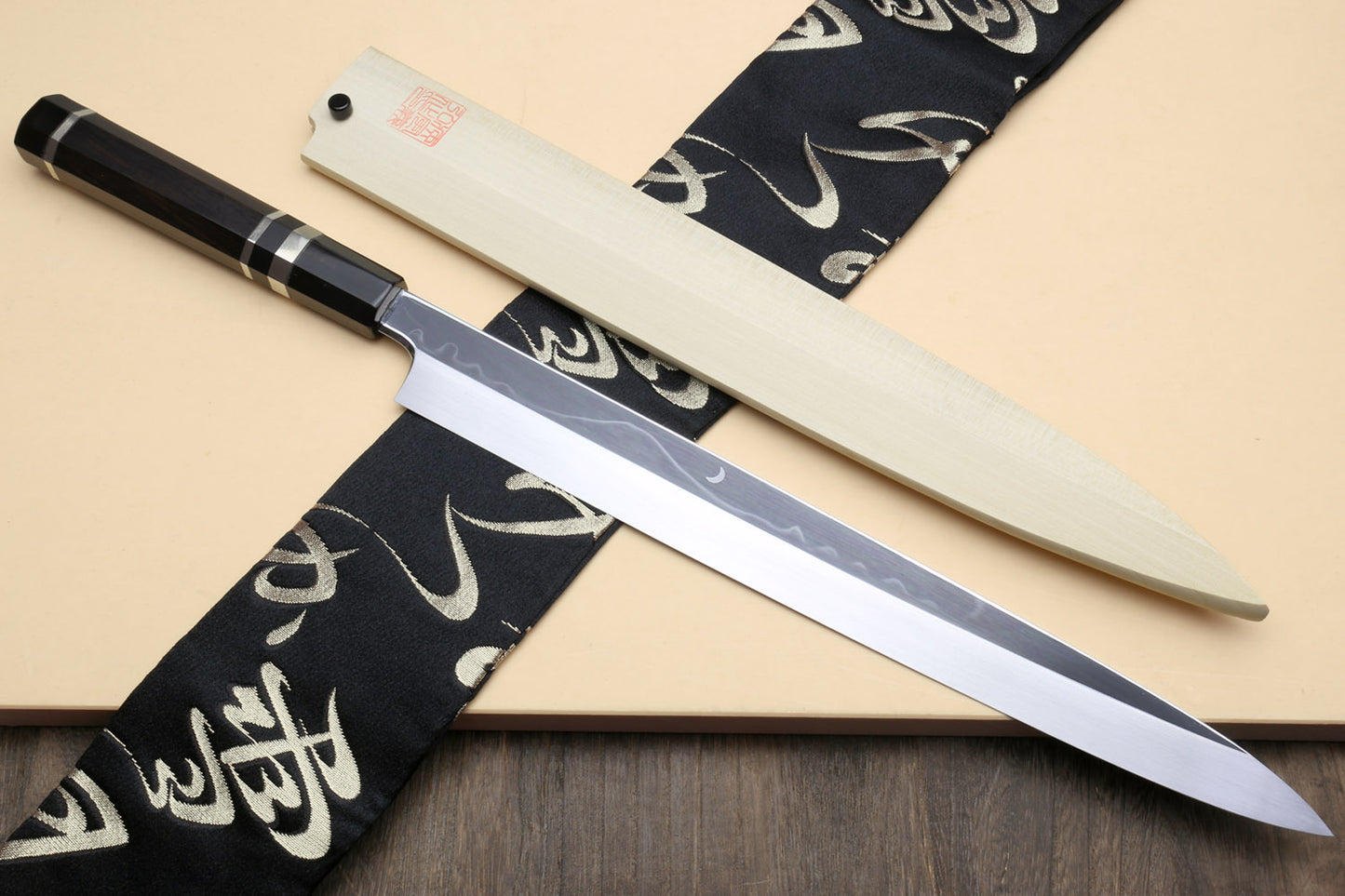 Yoshihiro Mizu Yaki Honyaki White Steel #2 Mirror-Finished Mt. Fuji with Crescent Moon Yanagi Premium Ebony Handle with Triple NickelSilver Ring