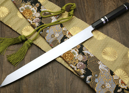 Yoshihiro Mizu Yaki Honyaki White Steel Mirror-Finished Mt. Fuji with Crescent Moon Yanagi Kiritsuke Premium Ebony Handle with Triple Nickel Silver Ring