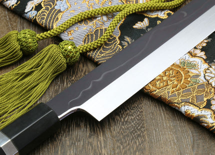 Yoshihiro Mizu Yaki Honyaki White Steel Mirror-Finished Mt. Fuji with Crescent Moon Yanagi Kiritsuke Premium Ebony Handle with Triple Nickel Silver Ring