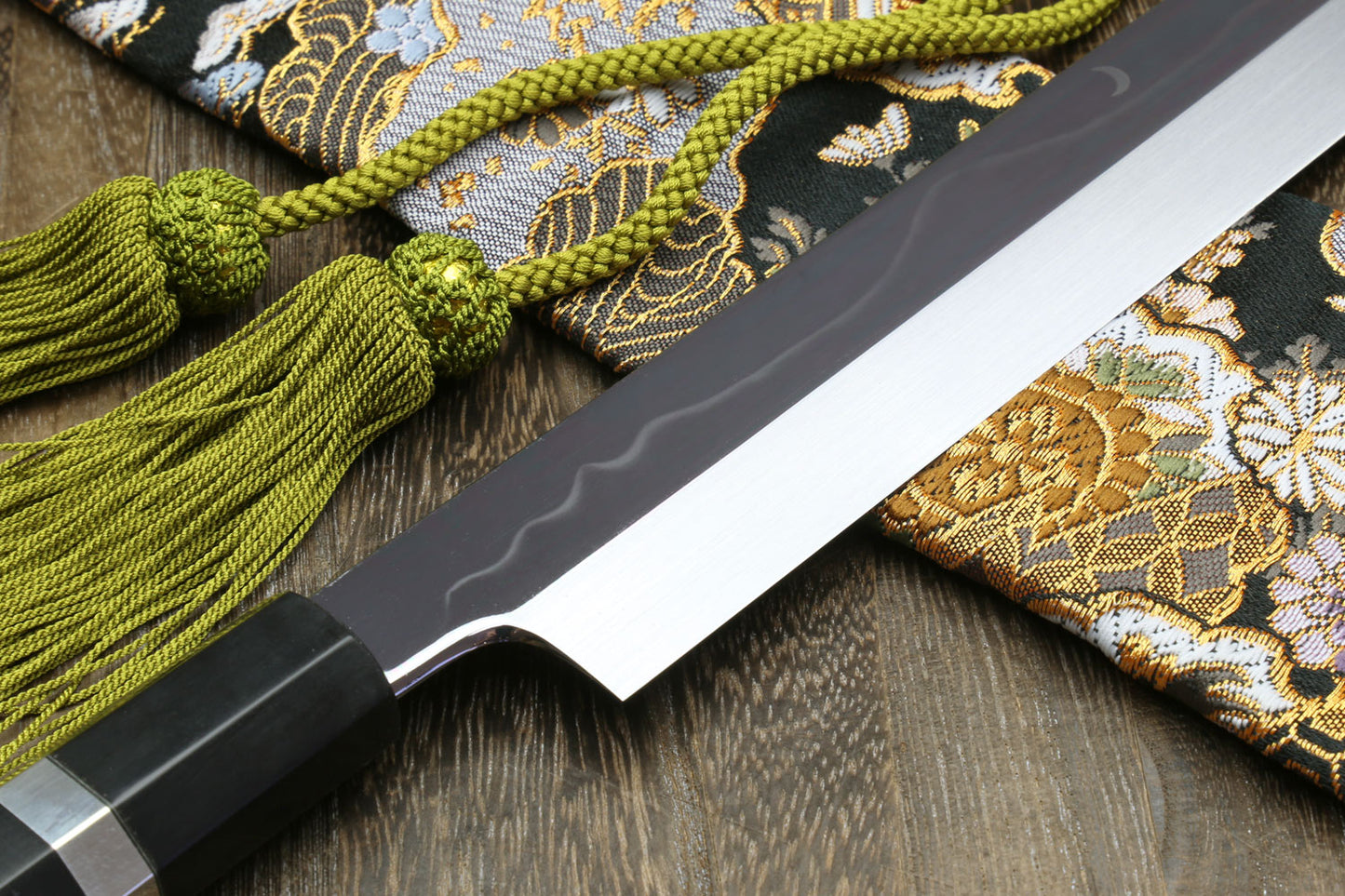 Yoshihiro Mizu Yaki Honyaki White Steel Mirror-Finished Mt. Fuji with Crescent Moon Yanagi Kiritsuke Premium Ebony Handle with Triple Nickel Silver Ring