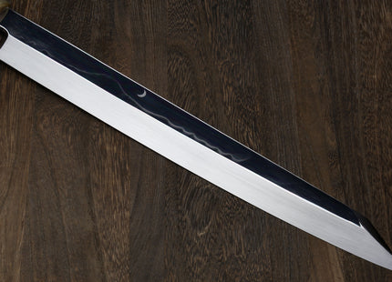 Yoshihiro Mizu Yaki Honyaki White Steel Mirror-Finished Mt. Fuji with Crescent Moon Yanagi Kiritsuke Premium Ebony Handle with Triple Nickel Silver Ring