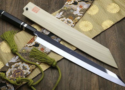 Yoshihiro Mizu Yaki Honyaki White Steel Mirror-Finished Mt. Fuji with Crescent Moon Yanagi Kiritsuke Premium Ebony Handle with Triple Nickel Silver Ring