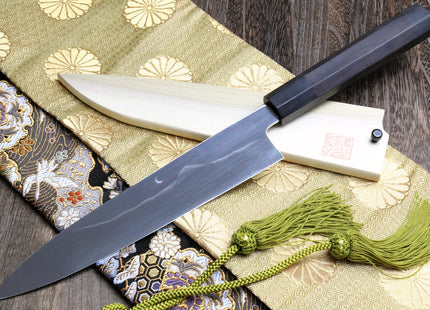 Yoshihiro Mizu Yaki White Steel #1 Honyaki Mirror-Finished Mt. Fuji with Crescent Moon Gyuto Chefs Knife with Ebony Handle