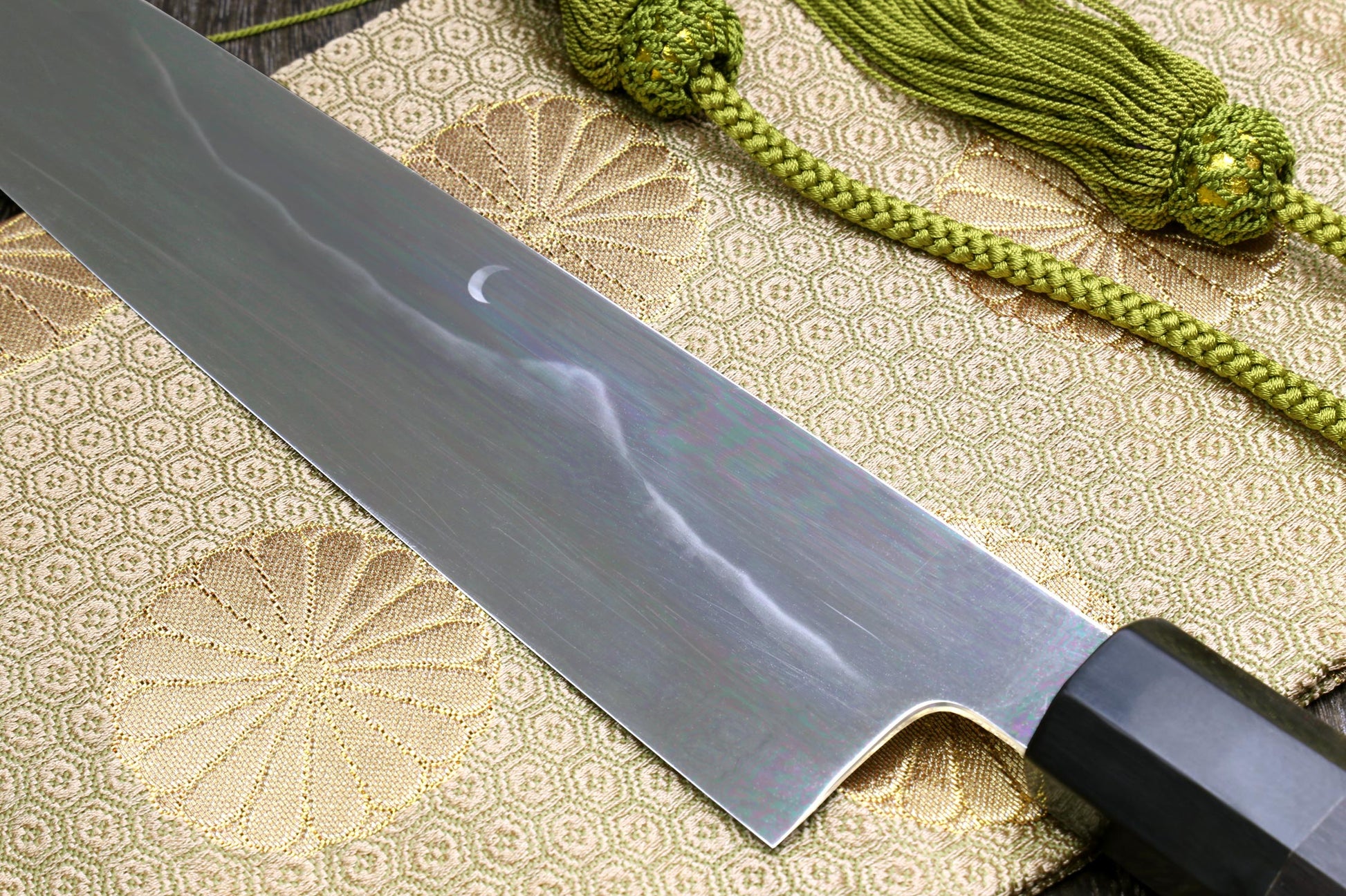 Yoshihiro Mizu Yaki White Steel #1 Honyaki Mirror-Finished Mt. Fuji with Crescent Moon Gyuto Chefs Knife with Ebony Handle