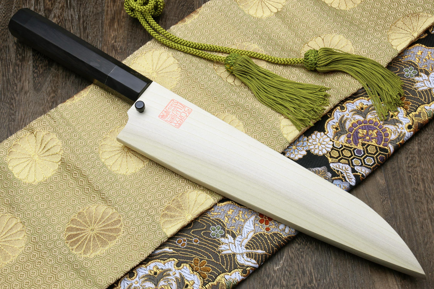 Yoshihiro Mizu Yaki White Steel #1 Honyaki Mirror-Finished Mt. Fuji with Crescent Moon Gyuto Chefs Knife with Ebony Handle