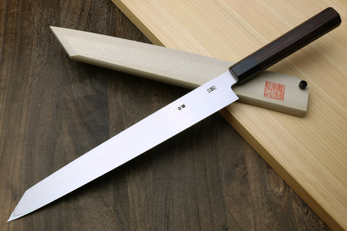 Yanagi-kiritsuke sushi knife with silver stainless steel blade and dark rosewood handle