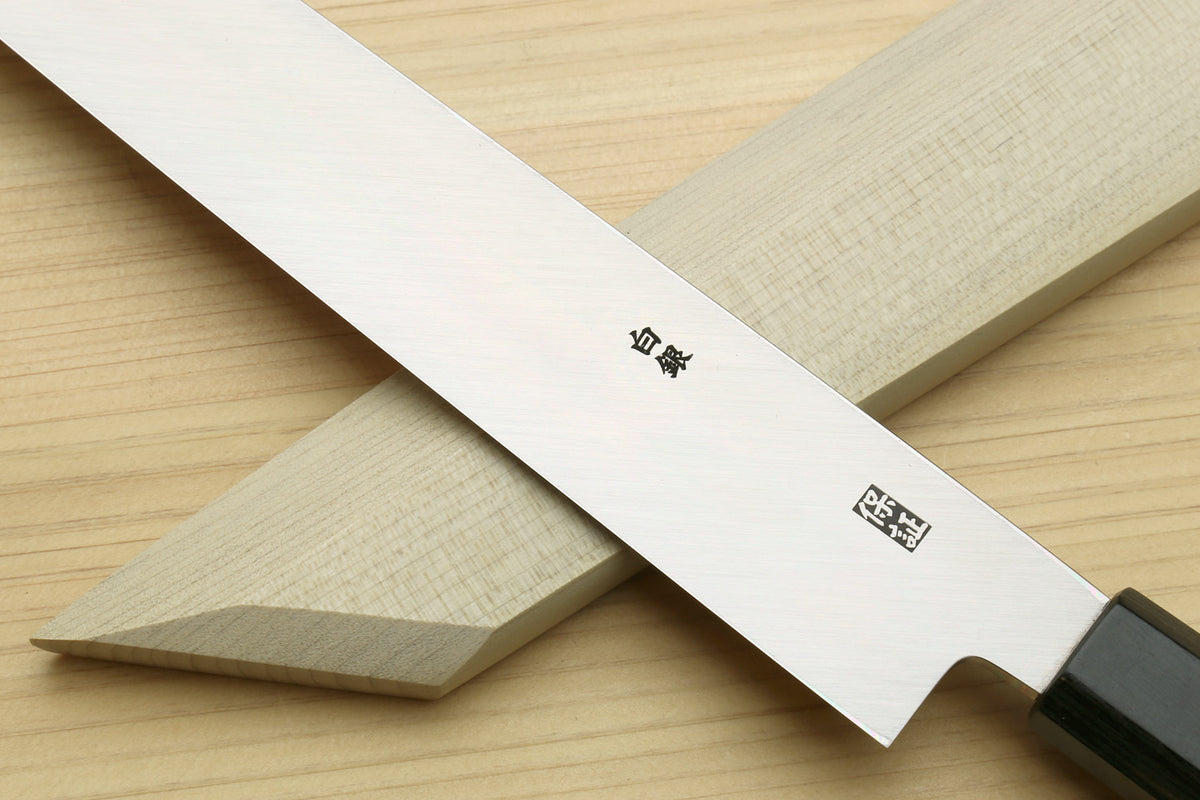 Yanagi-kiritsuke knife with engraved silver blade and dark rosewood handle