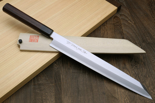 Yoshihiro Mizuyaki Hongasumi Ginsan High Carbon Stain Resistant Steel Yanagi-Kiritsuke Sushi Sashimi Japanese Knife Rosewood Handle