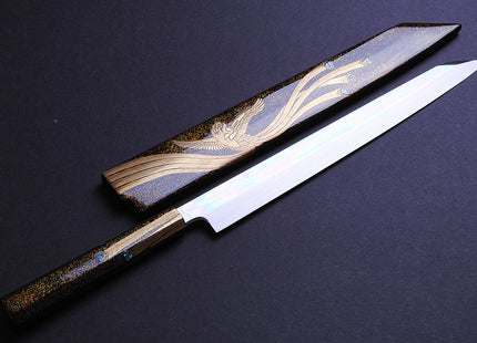 Yoshihiro Mizuyaki Honyaki Mirror Finished Mt.Fuji with Full Moon Yanagi Kiritsuke 24k Gold Phoenix Maki-Urushi Lacquered Rosewood Handle and Saya