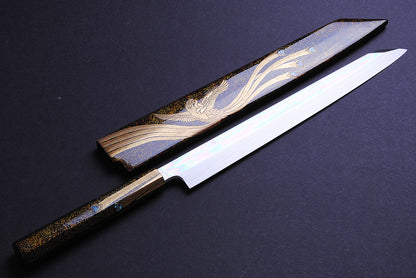 Yoshihiro Mizuyaki Honyaki Mirror Finished Mt.Fuji with Full Moon Yanagi Kiritsuke 24k Gold Phoenix Maki-Urushi Lacquered Rosewood Handle and Saya