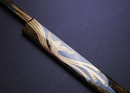 Yoshihiro Mizuyaki Honyaki Mirror Finished Mt.Fuji with Full Moon Yanagi Kiritsuke 24k Gold Phoenix Maki-Urushi Lacquered Rosewood Handle and Saya