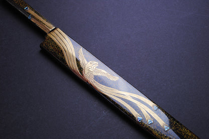 Yoshihiro Mizuyaki Honyaki Mirror Finished Mt.Fuji with Full Moon Yanagi Kiritsuke 24k Gold Phoenix Maki-Urushi Lacquered Rosewood Handle and Saya