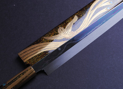 Yoshihiro Mizuyaki Honyaki Mirror Finished Mt.Fuji with Full Moon Yanagi Kiritsuke 24k Gold Phoenix Maki-Urushi Lacquered Rosewood Handle and Saya