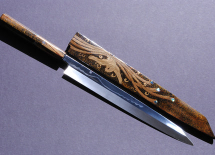 Yoshihiro Mizuyaki Honyaki Mirror Finished Mt.Fuji with Full Moon Yanagi Kiritsuke 24k Gold Phoenix Maki-Urushi Lacquered Rosewood Handle and Saya