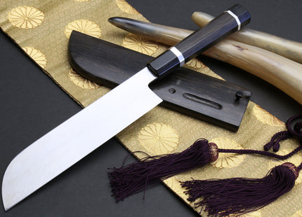 Yoshihiro Mizuyaki Water Quenched Honyaki Mirror-Finished White Steel #1 Usuba 220mm Kama Gata with Sterling Silver Double Bolster Octagonal Ebony handle and Chinagashi Indented Ebony Saya