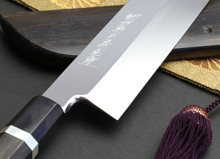 Yoshihiro Mizuyaki Water Quenched Honyaki Mirror-Finished White Steel #1 Usuba 220mm Kama Gata with Sterling Silver Double Bolster Octagonal Ebony handle and Chinagashi Indented Ebony Saya