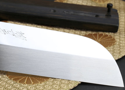 Yoshihiro Mizuyaki Water Quenched Honyaki Mirror-Finished White Steel #1 Usuba 220mm Kama Gata with Sterling Silver Double Bolster Octagonal Ebony handle and Chinagashi Indented Ebony Saya