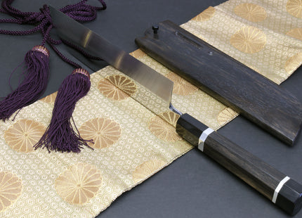 Yoshihiro Mizuyaki Water Quenched Honyaki Mirror-Finished White Steel #1 Usuba 220mm Kama Gata with Sterling Silver Double Bolster Octagonal Ebony handle and Chinagashi Indented Ebony Saya
