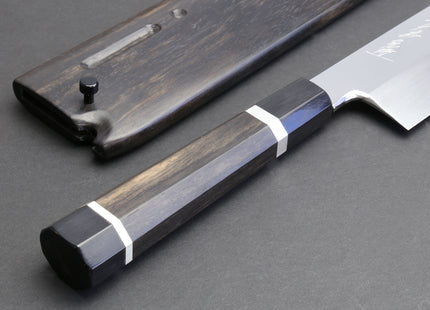 Yoshihiro Mizuyaki Water Quenched Honyaki Mirror-Finished White Steel #1 Usuba 220mm Kama Gata with Sterling Silver Double Bolster Octagonal Ebony handle and Chinagashi Indented Ebony Saya