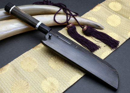 Yoshihiro Mizuyaki Water Quenched Honyaki Mirror-Finished White Steel #1 Usuba 220mm Kama Gata with Sterling Silver Double Bolster Octagonal Ebony handle and Chinagashi Indented Ebony Saya
