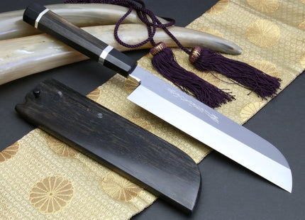 Yoshihiro Mizuyaki Water Quenched Honyaki Mirror-Finished White Steel #1 Usuba 220mm Kama Gata with Sterling Silver Double Bolster Octagonal Ebony handle and Chinagashi Indented Ebony Saya