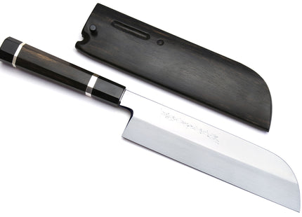 Yoshihiro Mizuyaki Water Quenched Honyaki Mirror-Finished White Steel #1 Usuba 220mm Kama Gata with Sterling Silver Double Bolster Octagonal Ebony handle and Chinagashi Indented Ebony Saya
