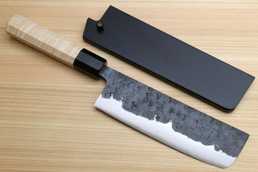 Yoshihiro Nashiji Kurouchi White Steel #2 Stainless Clad Nakiri Vegetable Knife with Kaede Wood Handle