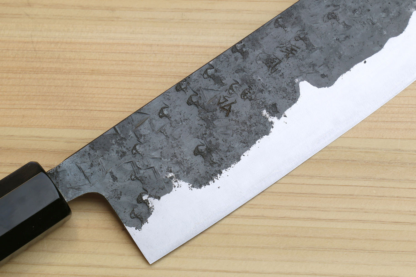 Yoshihiro Nashiji Kurouchi White Steel #2 Stainless Clad Nakiri Vegetable Knife with Kaede Wood Handle