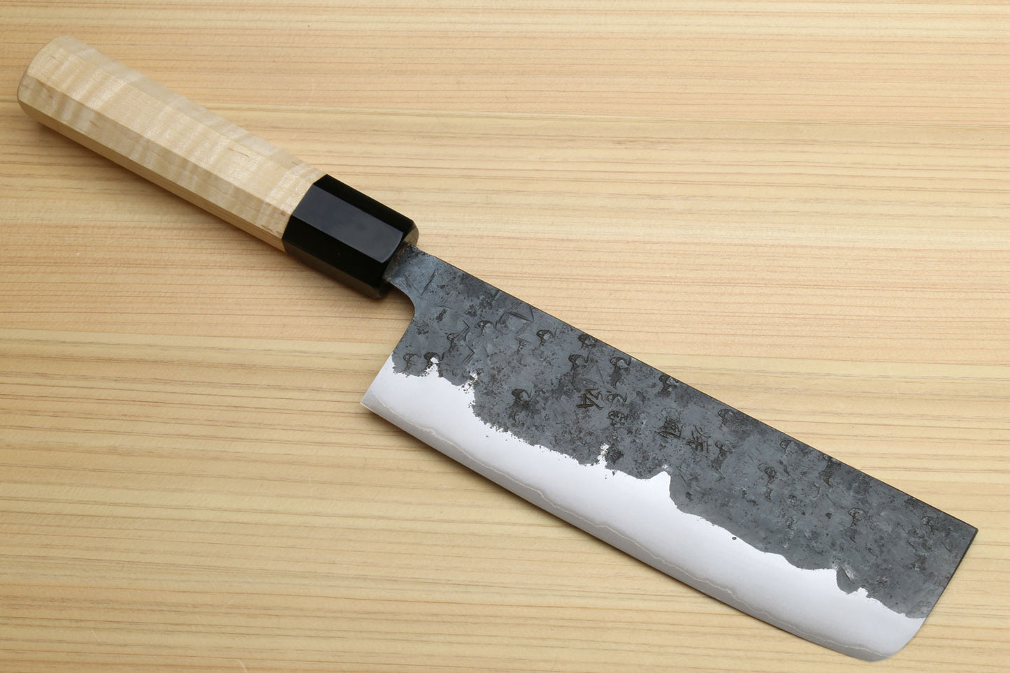 Yoshihiro Nashiji Kurouchi White Steel #2 Stainless Clad Nakiri Vegetable Knife with Kaede Wood Handle