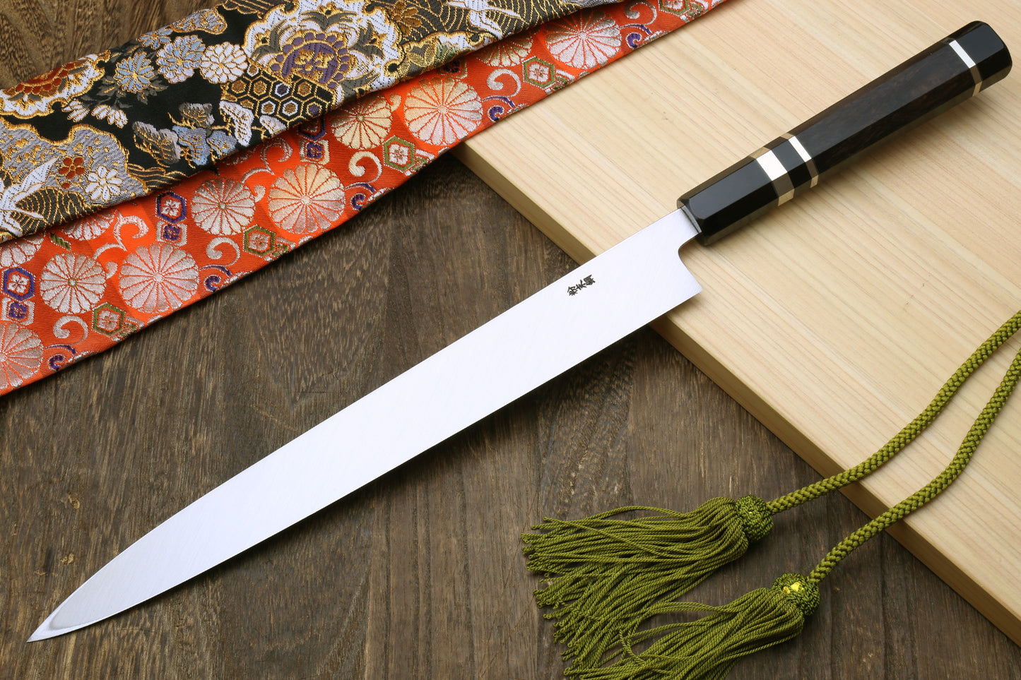 Yoshihiro Powdered High Speed Stainless Steel Mirror Polished Yanagi Sashimi Knife Triple Nickel Silver Ring Ebony Handle