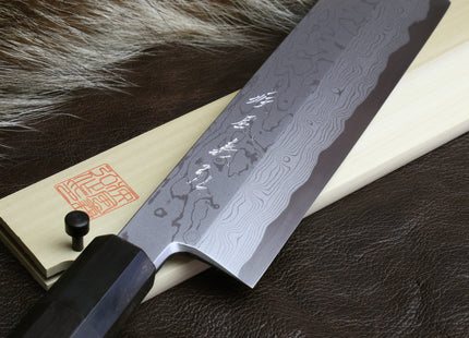 Yoshihiro Suminagashi Blue #1 High Carbon Steel Edo Usuba Japanese vegetable Prep Chopping Chef Knife Ebony wood Handle