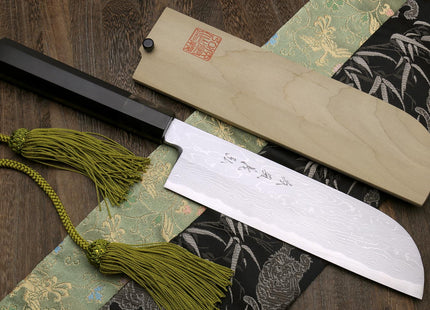 Yoshihiro Suminagashi Blue Steel #1 Kama Usuba Traditional Japanese vegetable Chopping Chef Knife, Ebony Wood Handle