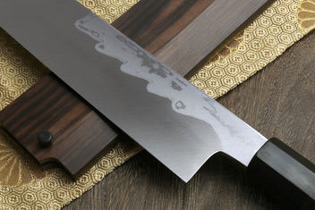 Kiritsuke Japanese chef knife with damascus blade and ebony wood handle