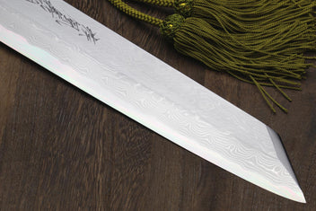 Damascus Kiritsuke knife blade with long pointed edge and etched pattern
